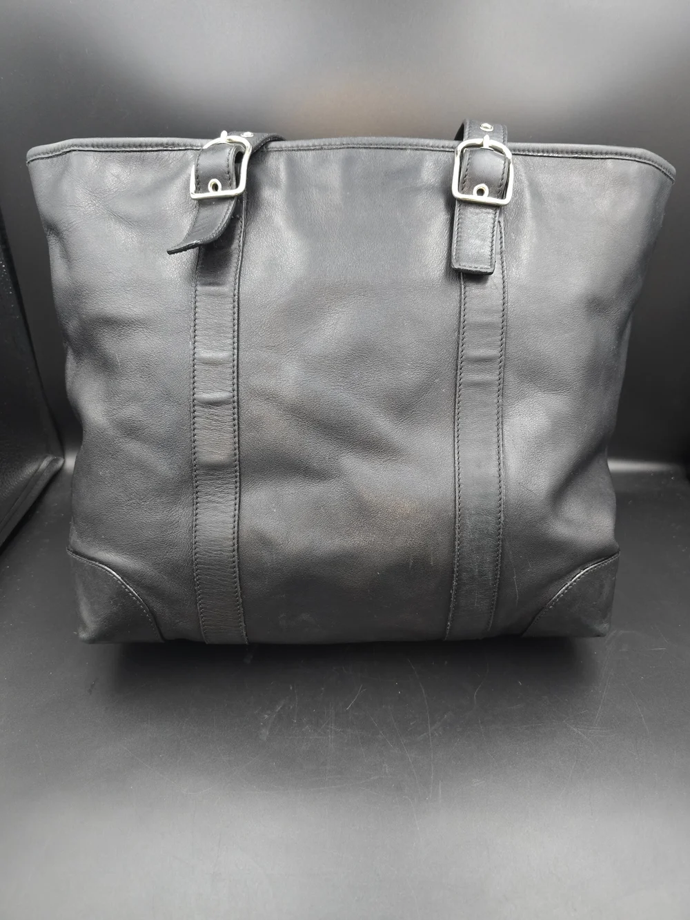 Coach Black Leather Tote with Buckle Straps